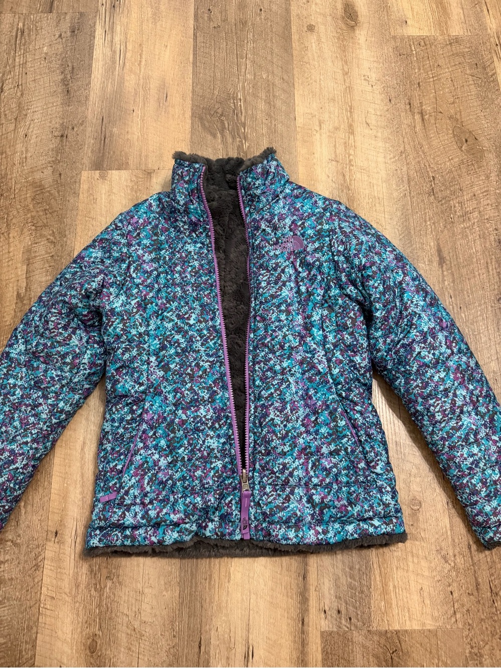 The North Face Kids Teal & Purple Printed reversible Insulated Puffer Jacket
